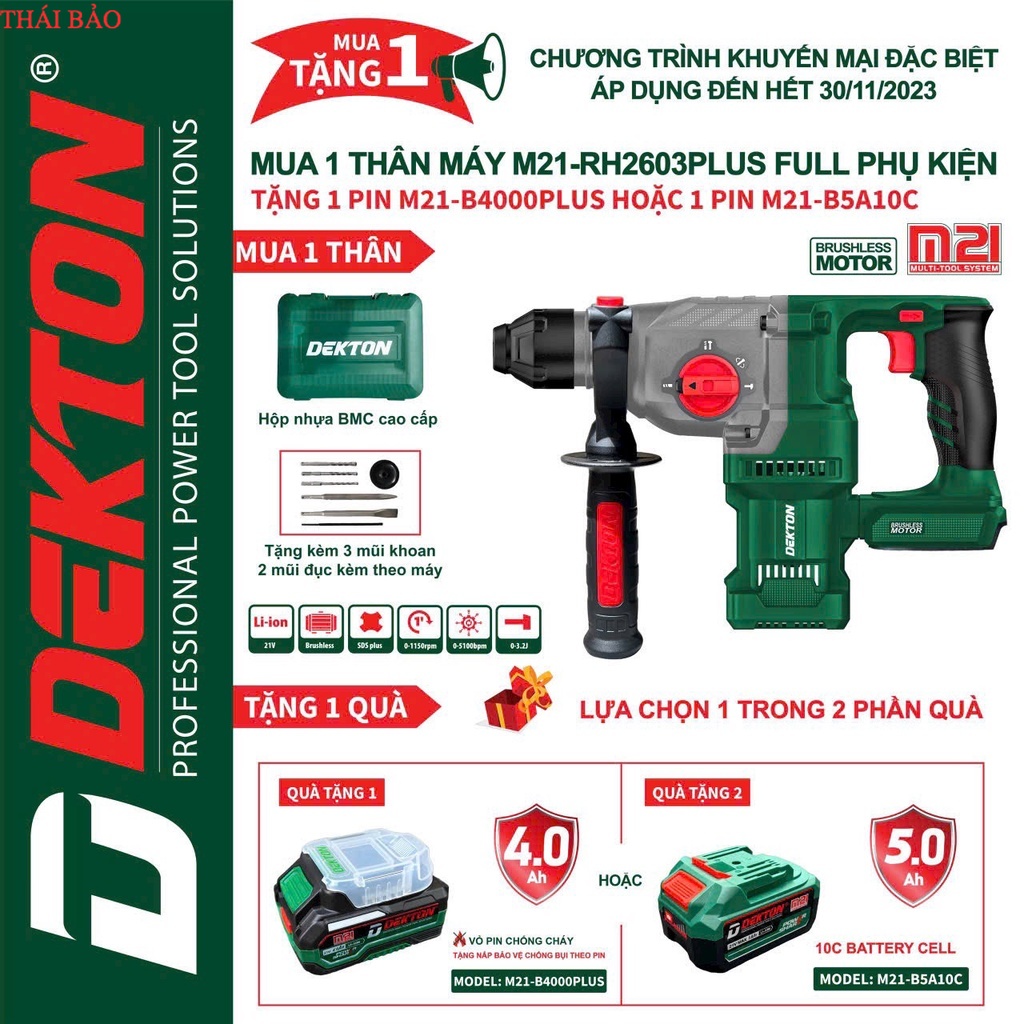 Máy Khoan Bê Tông 3 chức năng Dùng Pin Dekton M21-RH2603PLUS - Motor Brushless - Chân Pin Phổ Thông mấy xây dựng thái bảo