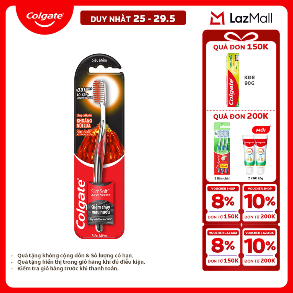 [Chỉ 25-29.5_X2 Voucher giảm 20%] Bàn chải Colgate SlimSoft Advanced ngăn chảy máu nướu từ khoáng núi lửa siêu mềm mảnh