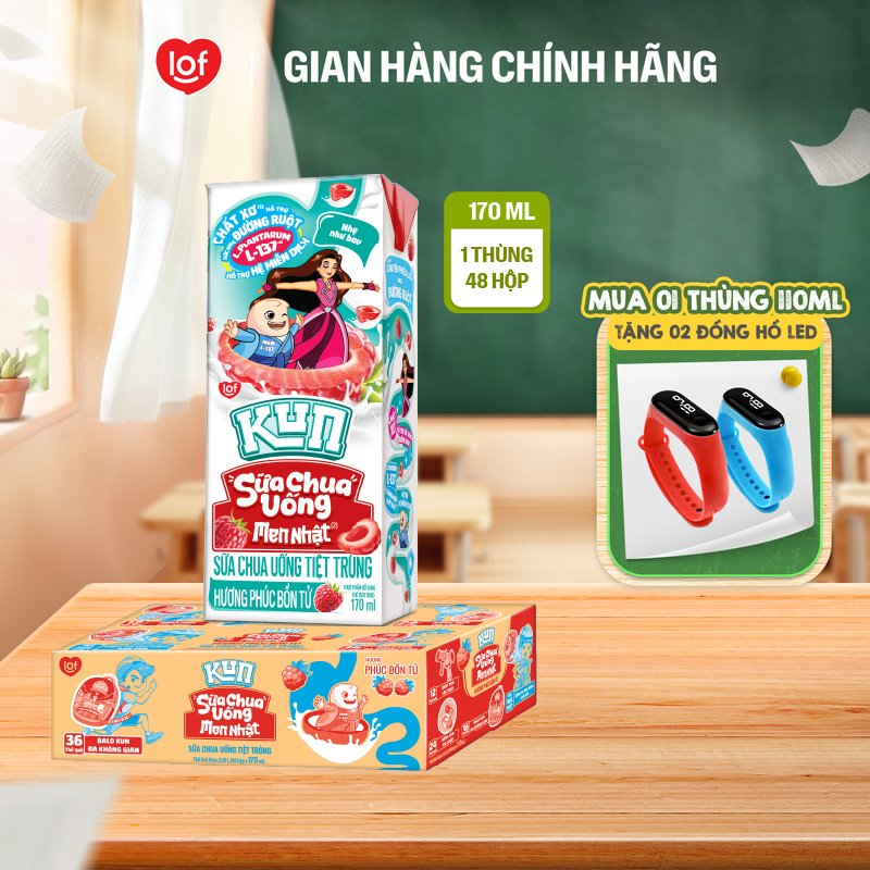 Sữa chua uống tiệt trùng KUN hương phúc bồn tử thùng 48 hộp x 170ml