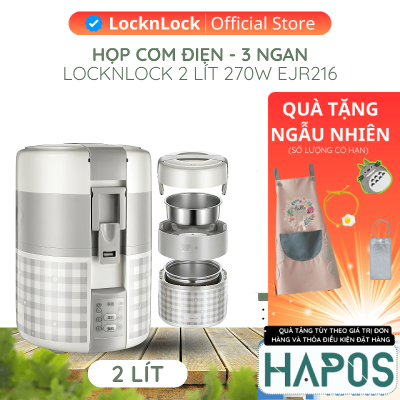 Hộp cơm cắm điện LocknLock 2 lít dùng nấu và hâm nóng thức ăn EJR216 - Hàng chính hãng có ngăn chứa riêng - HAPOS OFFICIAL