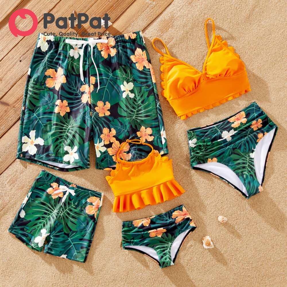 PatPat Family Matching Floral Drawstring Swim Trunks or Scalloped Trim Two