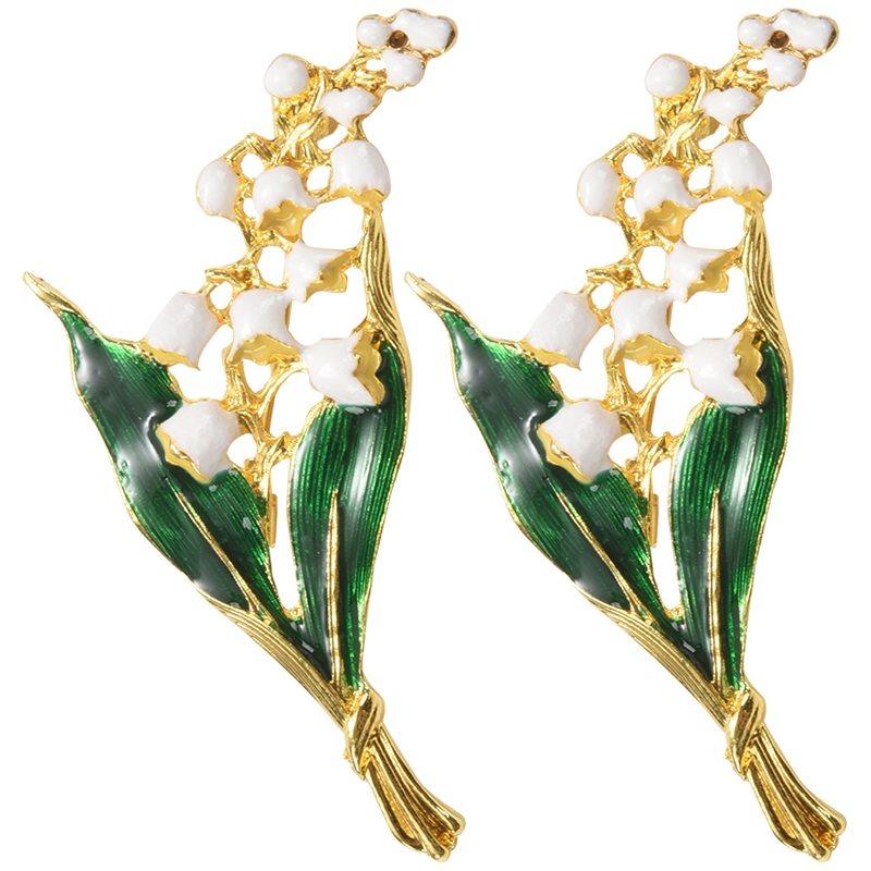 2X Alloy Enamel White Floral Leaf Brooch Lily of the Valley Gold Color Brooch Pin High Quality Jewelry for Women