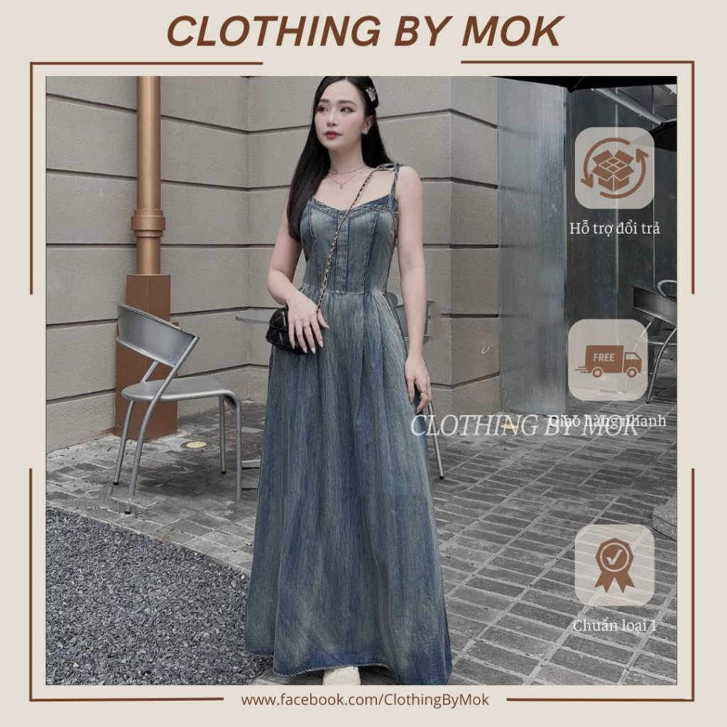 Đầm jean 2 dây dáng dài tiểu thư sang chảnh - Chất jean mềm cao cấp