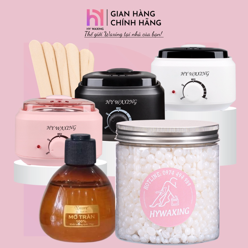 Combo tiết kiệm nồi nấu sáp wax lông prowax200 hy waxing+100gr sáp premium+mỡ trăn tặng que