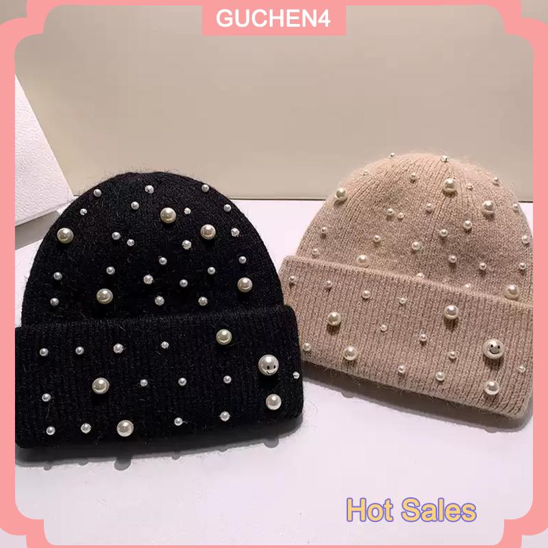 GUCHEN4🎀 Mũ len ngọc trai hạng nặng mùa thu và mùa đông mới mũ dệt kim thời trang ngọc trai bảo vệ tai ấm áp