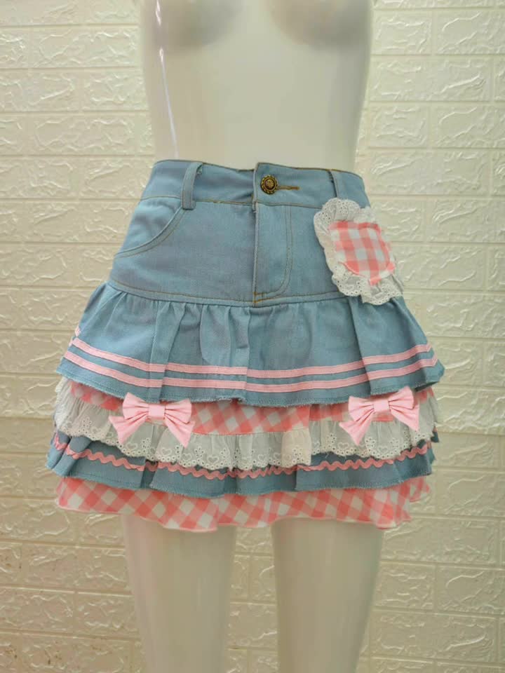 Preppy Style Lolita Kawaii Skirts Japanese Sweet Mini Women Harajuku Cute  Ball Gown Denim Skater Y2K High Waist Lace Cake Skirts
