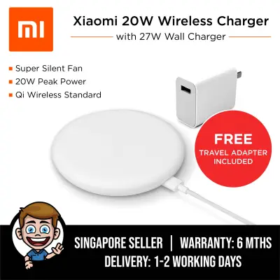 Original Xiaomi 20W Fast Charging Qi Wireless Charger & 27W Wall Charger Kit for Samsung, Xiaomi, Huawei - Free Travel Adapter Provided