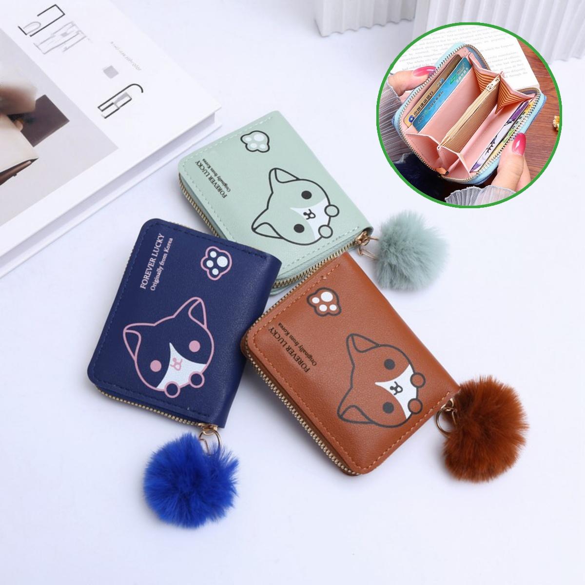 Belfoyer กระเป๋าสตางค์ผู้หญิงแบบสั้น ทำจากหนังPU ลายการ์ตูน มี5สี กระเป๋าเหรียญ พร้อมจี้ลูกปัด ผม ตัวยึดบัตรเครดิต สำหรับผู้หญิงและสาวๆ