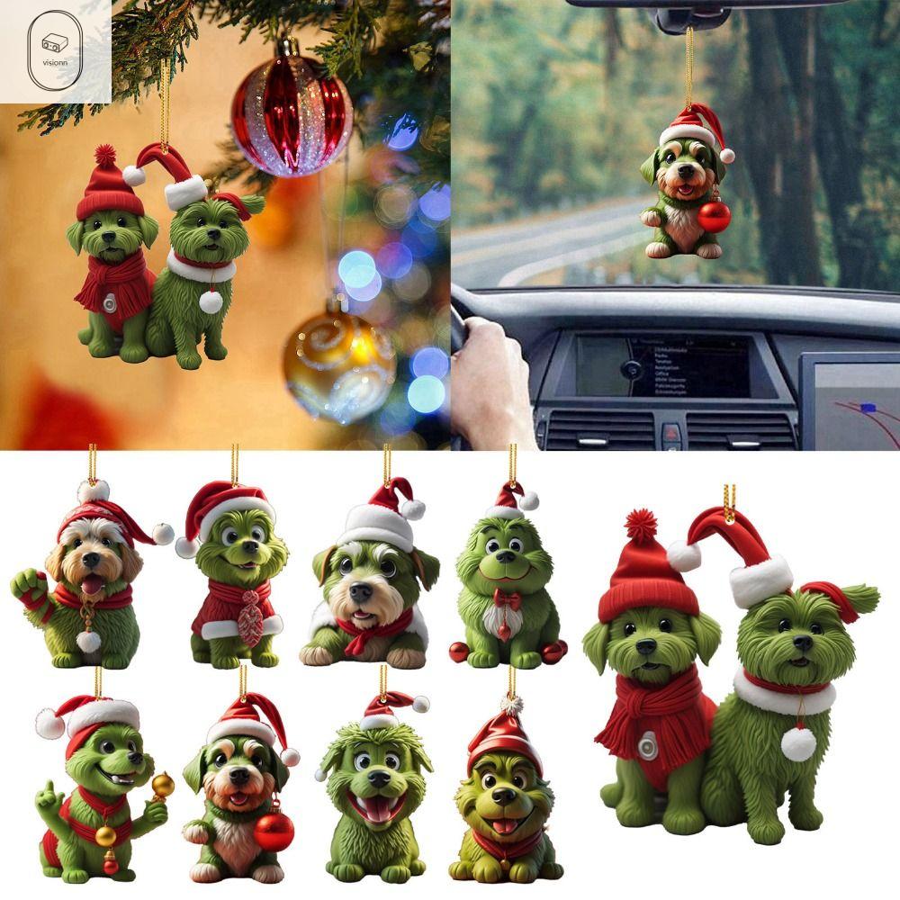 VISIONN Trang trí Chó Lông Màu Xanh Lá Cây giáng sinh 2D Acrylic Đồ trang trí chó con Cây giáng sinh Quà tặng giáng sinh Treo Đồ treo trang trí Cún con Giáng sinh