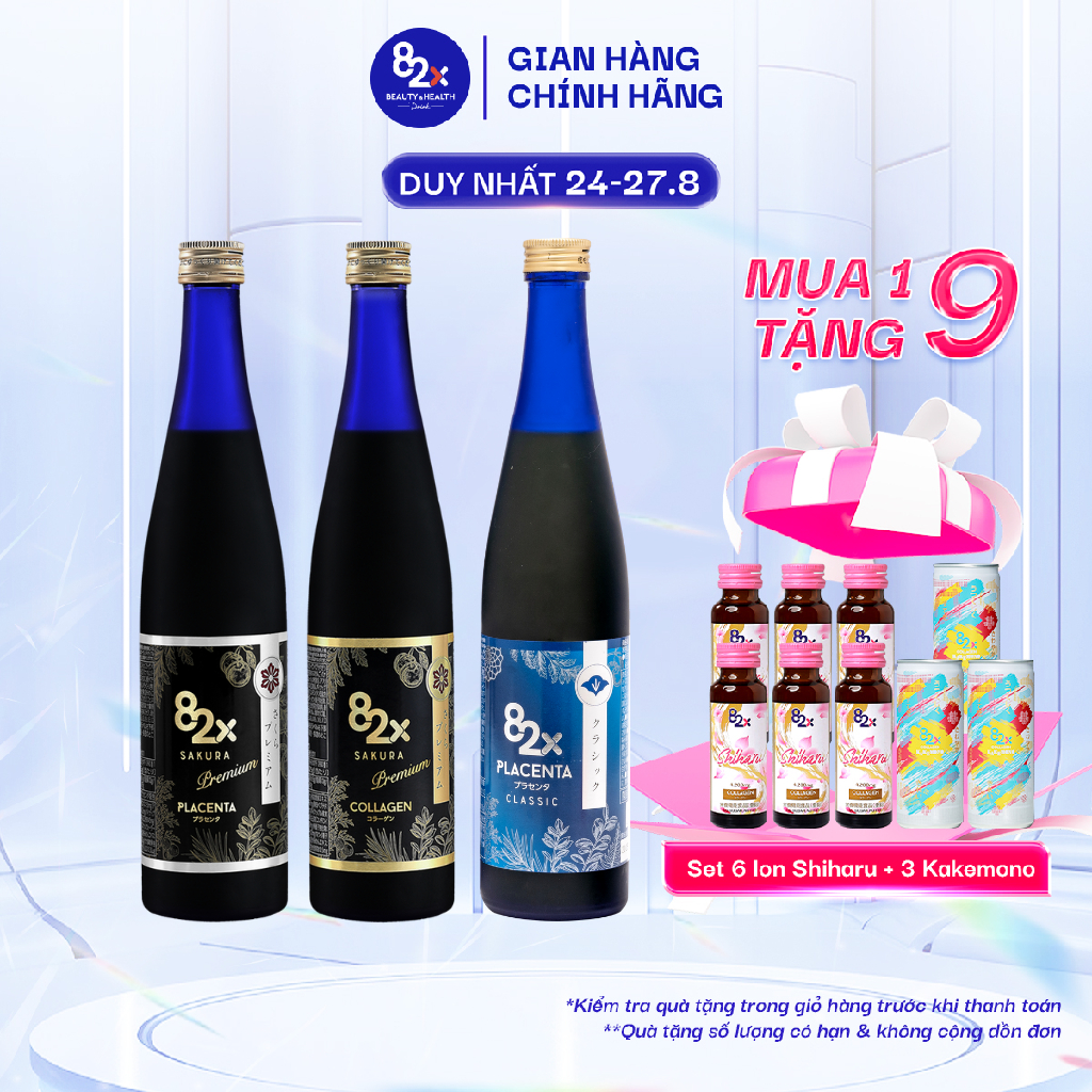 Combo 3 chai 82X Placenta + Sakura Placenta + Sakura Collagen dưỡng da trắng không bắt nắng 500ml/chai - Nước uống đẹp da từ Nhật Bản