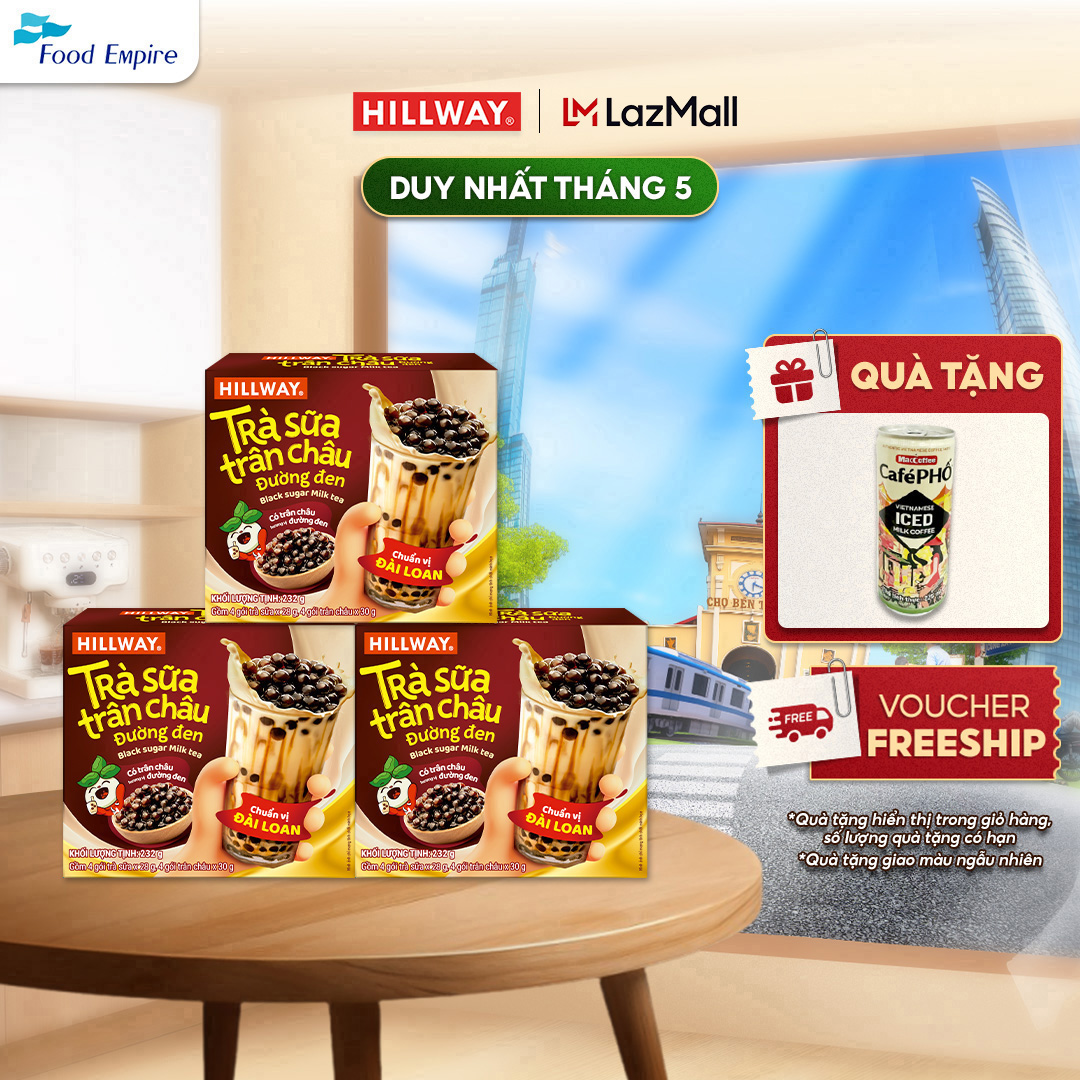 Combo 3 Trà sữa trân châu đường đen Hillway (4 gói trà sữa (28g) và 4 gói trân châu(30g)