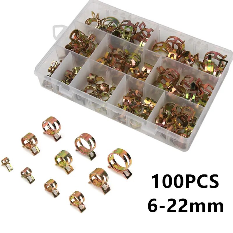 yingke 100pcs Zinc Plated 6-22mm Spring Fuel Oil Water Hose Clip Pipe Tube For Band Clamp Metal Fastener Assortment Kit
