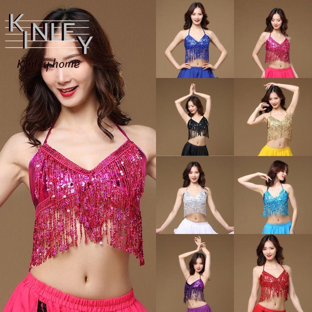 Cemomef Sequins Halter Bra Tassel Polyester Girls Dance Crop Tops Shiny Belly Dance Top For Women