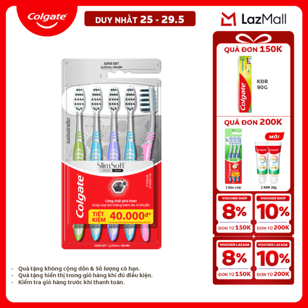 [Chỉ 25-29.5_X2 Voucher giảm 20%] Bộ 5 Bàn chải Colgate Slimsoft Between Charcoal lông chải mềm mảnh xen sợi phủ than hoạt tính