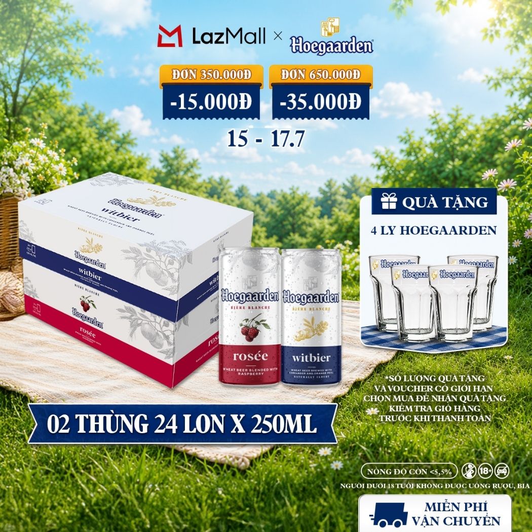 Thùng 24 Lon Bia Hoegaarden white bỉ thùng 24 lon (250ml/lon) và Thùng 24 Lon Bia Hoegaarden Rosée (250ml/lon)
