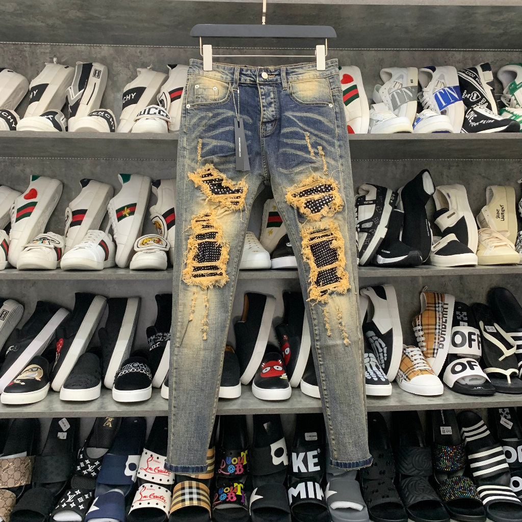 Quần jean nam Amiri slimfit xanh bụi rách xù to đùi gối vá vải đính đá bạc 4 cúc boy phố, quần bò na