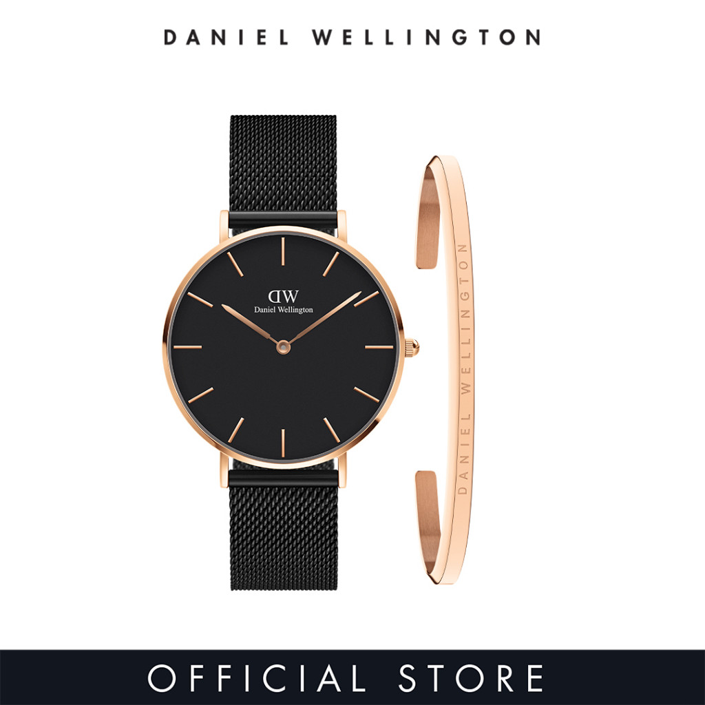 Daniel Wellington Gift Set - Petite 36mm Ashfield Rose gold Black + Classic Bracelet Rose gold Large - Watch + Jewelry Set for Unisex? Gift for Women Birthday Annivesary