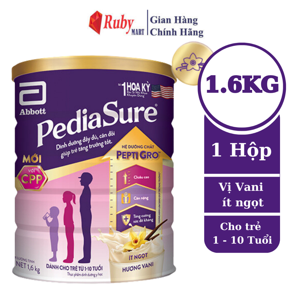 Sữa bột Pediasure 1.6kg hương vani ít ngọt giúp bé tăng trưởng về chiều cao cân nặng và sức đề kháng