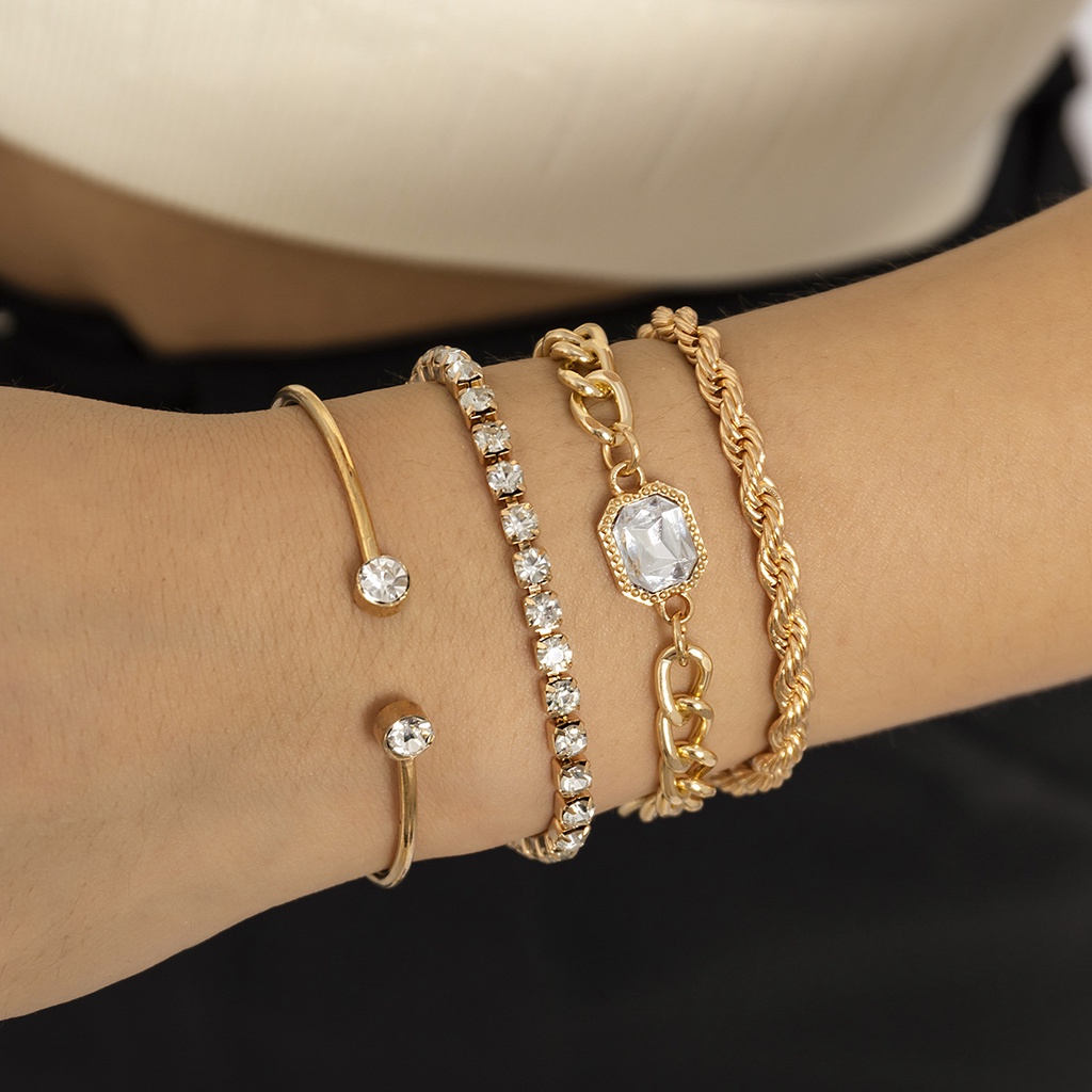 Bộ vòng tay nữ 4 chiếc màu vàng - bạc thiết kế bện xoắn gắn đá trắng cao cấp phong cách trẻ trung hiện đại Boho
