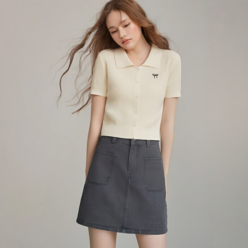 BRANCHÉ BRANCHÉ Phụ Nữ Của Áo Len Mùa Hè Preppy Phong Cách Thêu Đồng Bằng Ngắn Tay Áo Sơ Mi Cổ Áo Nút Thông Qua Skinny Phù Hợp Hẹn Hò Áo Len B241231