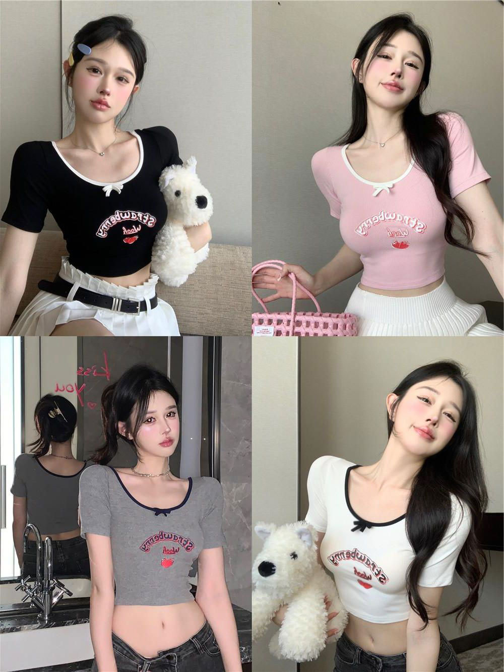 เสื้อยืดแขนสั้นทรงเข้ารูปใส่แล้วดูผอมแบบสั้นสำหรับสาวเซ็กซี่คอ U เสื้อผู้หญิงสไตล์หวานเผ็ดแบบใหม่ฤดูร้อนปี ราคา 149 บาท*ส่งฟรี