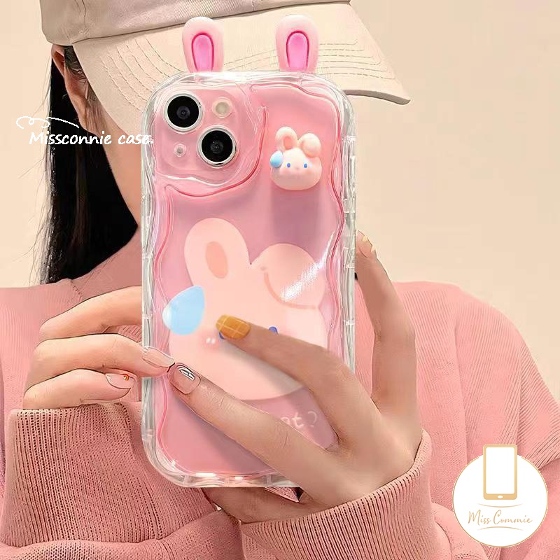 Ốp gấu ếch 3D búp bê dễ thương Tương thích cho iPhone 11 7Plus 14 12 13 Pro Max x XR 6S 7 6 8 Plus XS Max SE 2020 3D gợn sóng cạnh cong tai thỏ hoạt hình sáng tạo Ốp nhựa TPU mềm