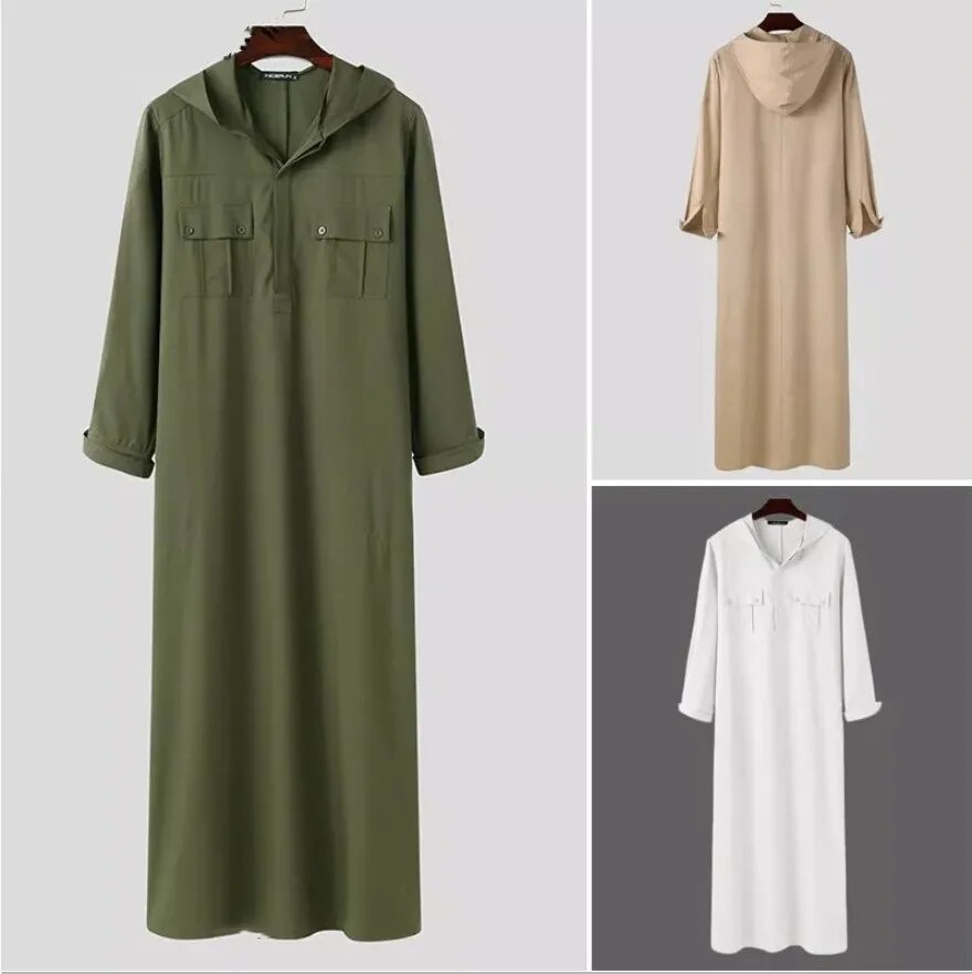 Người đàn ông hồi giáo jua thobe màu trơn có mũ trùm đầu dài tay áo choàng Dubai Trung Đông mensaudi arabia kaftan trang phục hồi giáo người đàn ông