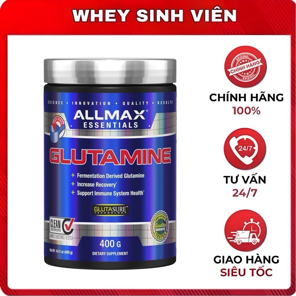 Bột Glutamine - Allmax Nutrition Glutamine 400g - Tinh khiết Phục hồi cơ, Tăng miễn dịch tại Whey Sinh Viên HP