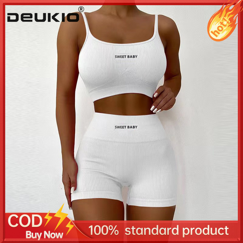 DEUKIO Single piece high waist suspender yoga set women's beautiful back sports bra fitness set sportswear ราคา 83 บาท*ส่งฟรี
