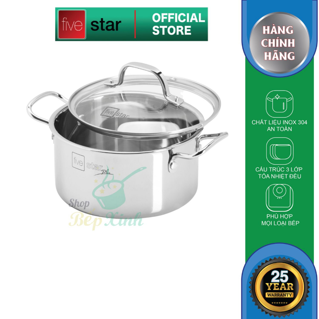 Nồi Inox 304 3 lớp đáy liền khối cao cấp Fivestar Plus 18cm | 20cm | 22cm | 24cm | 26cm | 28cm  dùng