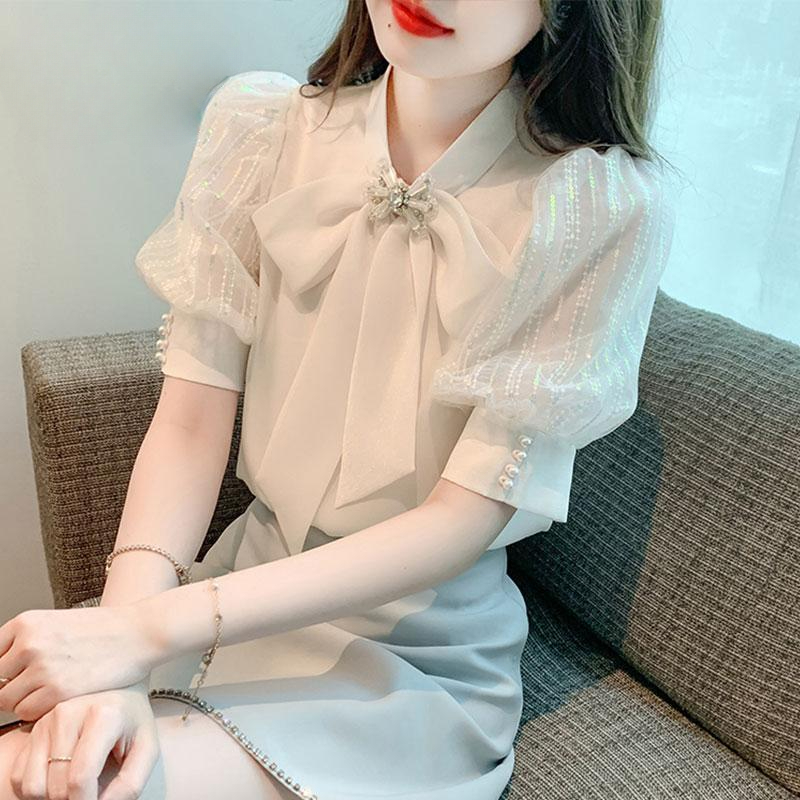 Luxqlo Chiffon Blouse Women Short Sleeve Elegant Shirt Korean Style Fashion Office Tops - ยี่ห้อ Luxqlo ราคา 255 บาท*ส่งฟรี