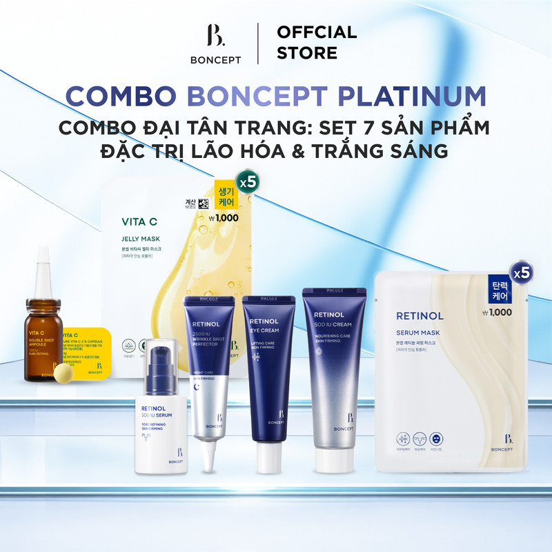 Combo Set 7 Sản Phẩm Platinum Boncept - Tăng Đàn Hồi Da, Phục Hồi Lão Hoá, Dưỡng Ẩm, Trắng Sáng & Nâng Cơ