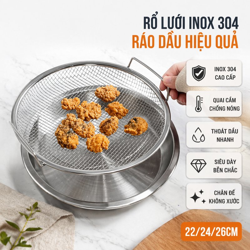 Vỉ lưới lọc dầu Inox 304 cấp thực phẩm Khay tròn dày dặn quai cầm chống nóng chân đế bảo vệ bề mặt dễ vệ sinh lọc dầu nhanh thoát nước đặt thức ăn chiên dùng lò nướng nồi chiên không dầu 22 24 26