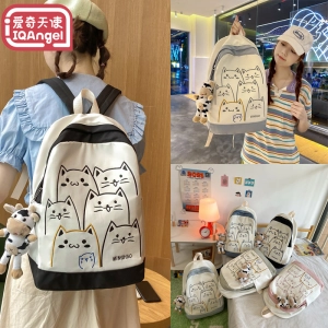 สินค้า TG กระเป๋านักเรียนลายการ์ตูนแมวน่ารัก,กระเป๋าเป้สะพายหลังสีตัดกันเวอร์ชันเกาหลีกระเป๋านักเรียน