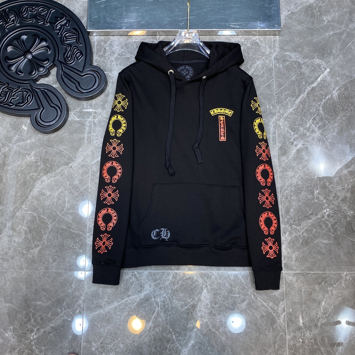 21Ss Correct Chrome Hearts Gradient T Letter Cross Horseshoe Flower Arm Hoodie Couples
