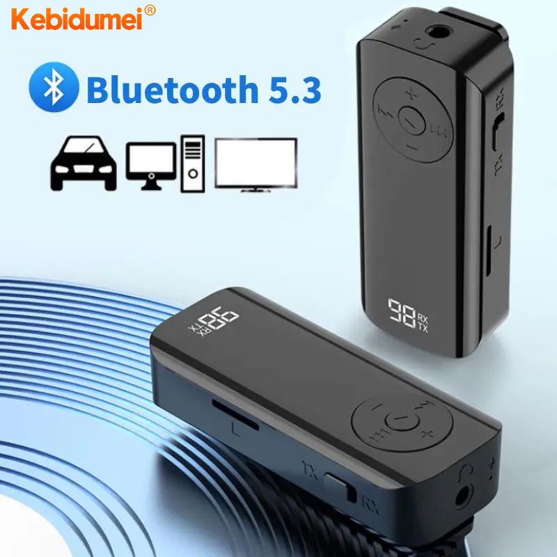 Kebidumei bluetooth 5.3 máy thu phát 3.5 mét jack AUX Bộ chuyển đổi không dây stereo cho tai nghe TV PC Loa xe hơi với màn hình hiển thị kỹ thuật số