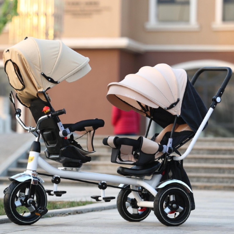 Double Stroller Child Bike Stroller Double Seats Baby Tricycle for Twins Bike Folding Three Wheels Twins Tricycle Pushchairs (Khaki) - intl Singapore