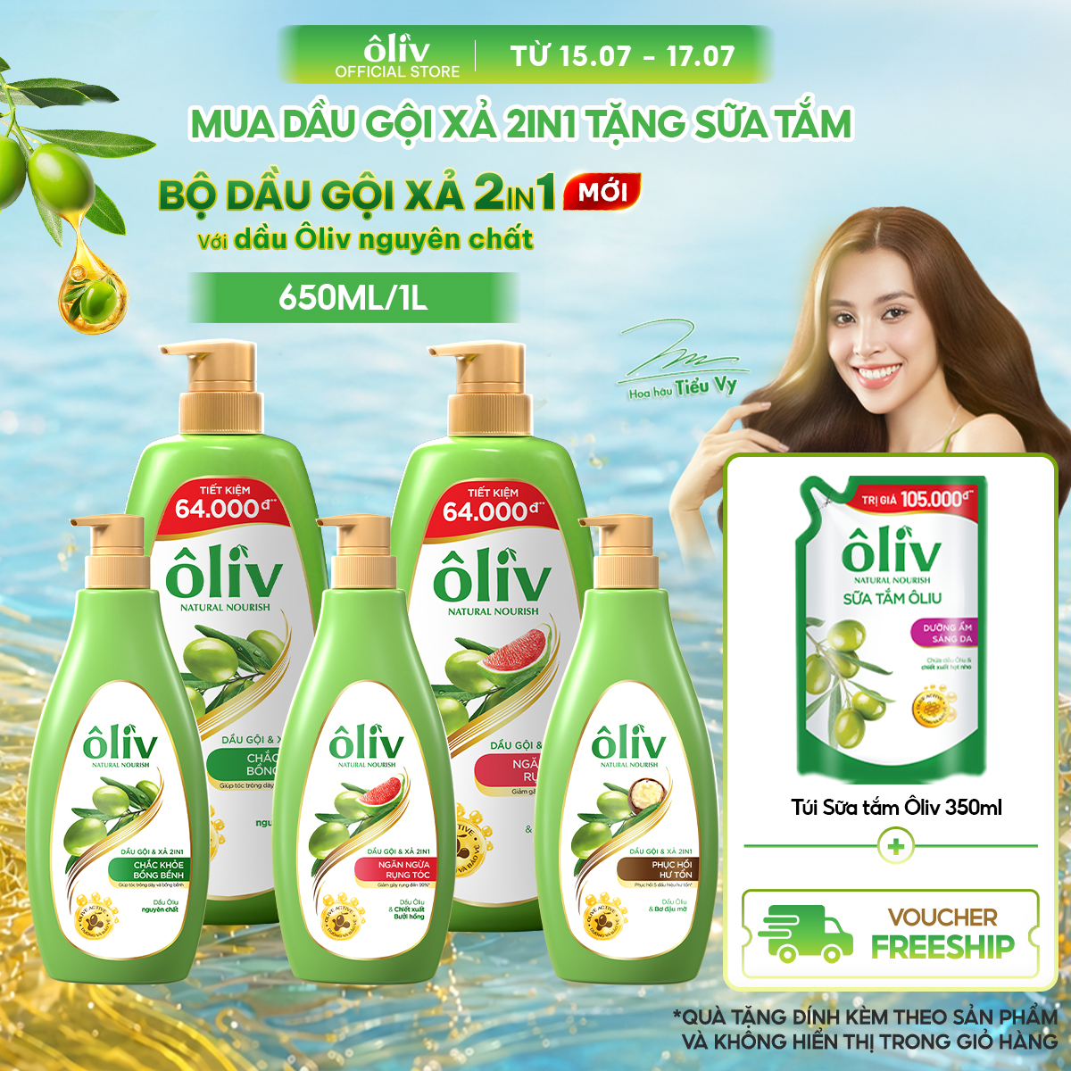[SẢN PHẨM MỚI] Combo Dầu Gội Xả ÔLIV 2IN1 Gấp Đôi Dưỡng Chất 650ML/1L Tặng Túi Sữa Tắm Sáng Da 350ML