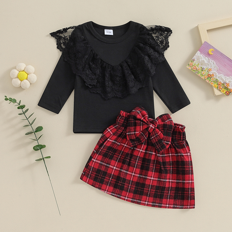 【Forever CY baby】bộ trang phục cho bé gái mùa thu 2 chiếc áo tay áo dài xếp nếp bằng ren với Bộ chân váy nơ chữ A kẻ sọc