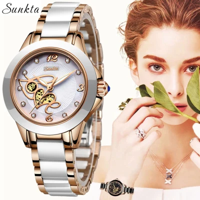 SUNKTA Watches Women Diamond Surface Ceramic Quartz Wristwatch Girl Female Waterproof Top Brand Luxury Fashion Clock