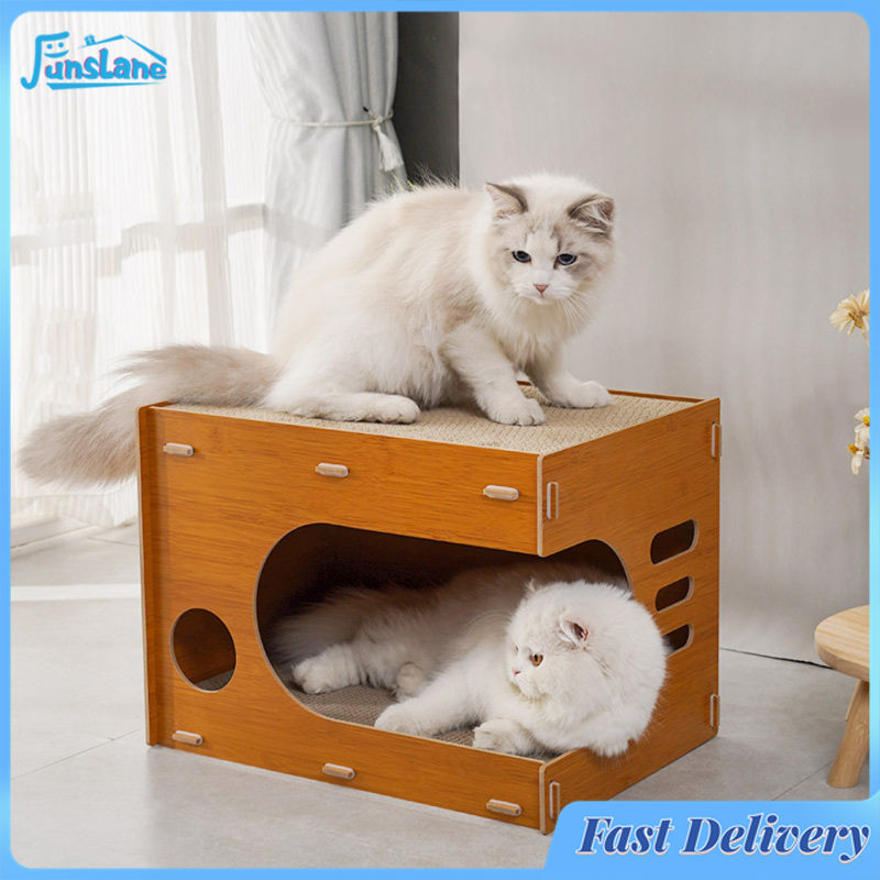 FunsLane Cat Scratcher Bed Wooden Detachable Corrugated Board Cat Nest Kitten Lounge Scratching Cardboard House For Indoor Cats ราคา 648 บาท*ส่งฟรี