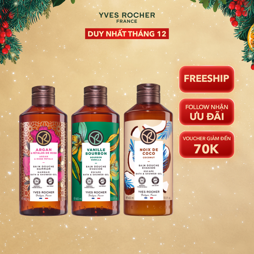 Combo 3 sữa tắm thiên nhiên hương hoa hồng - vani - dừa Yves Rocher 400mlx3