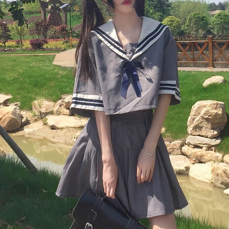  LUNA set đồ nữ đẹp Học viện Phong cách JK Đồng phục Hải quân Cổ áo ngắn tay Top cao eo rắn màu váy nửa người xếp li hai mảnh bộ mùa hè cho phụ nữ áo dép nữ xinh  girl phố nữ váy nữ đẹp đi chơi  rẻ vô đố 