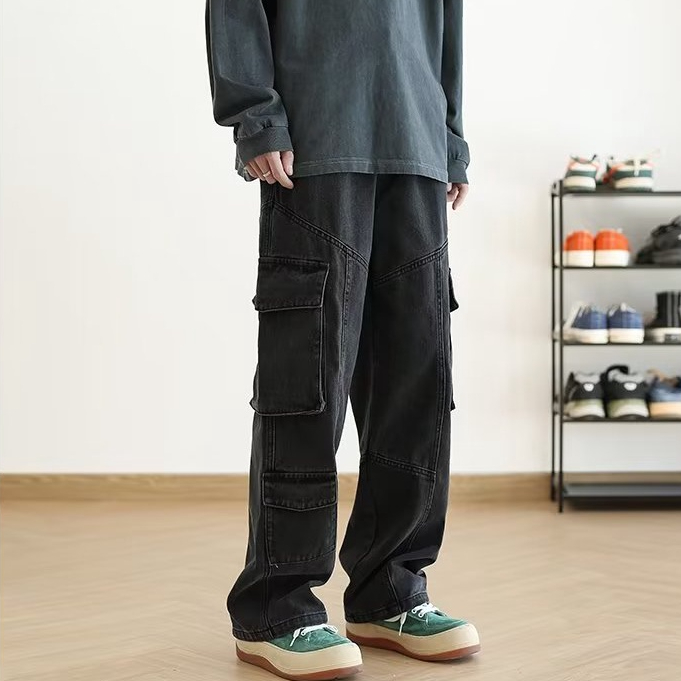 Quần Jean Dài Ống Rộng Phối Nhiều Túi Phong Cách retro Mỹ  quần túi hộp nam hiphop fashion cargo pan