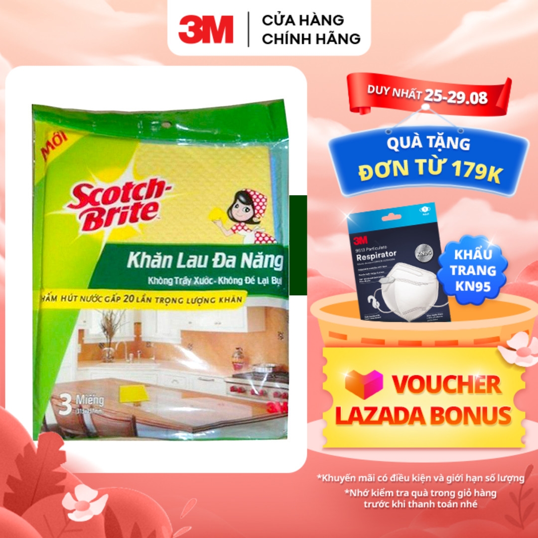 Combo 3 Khăn lau đa năng 32x26cm 3M™ Scotch-Brite®, không để lại bụi, tự phân hủy 100%
