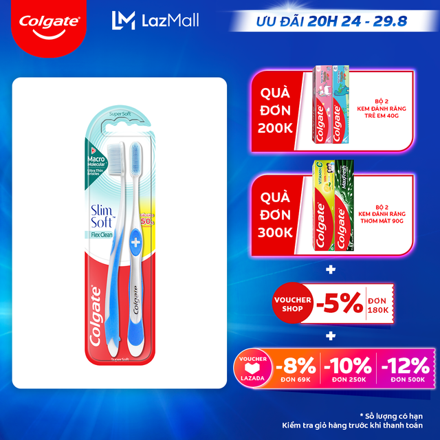 [Ưu đãi 20H 24.8 - 29.8_Áp voucher Colgate 5% + voucher LZD 8%]Bộ 2 Bàn chải Colgate Slimsoft Flex Clean nguyên khối siêu mềm mảnh, sạch sáng bóng