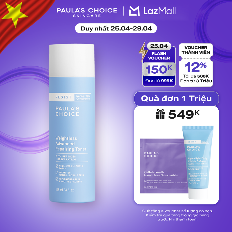 Nước hoa hồng siêu nhẹ sửa chữa hư tổn cho làn da dầu và lão hóa Paula’s Choice Resist Weightless Advanced Repairing Toner 7780