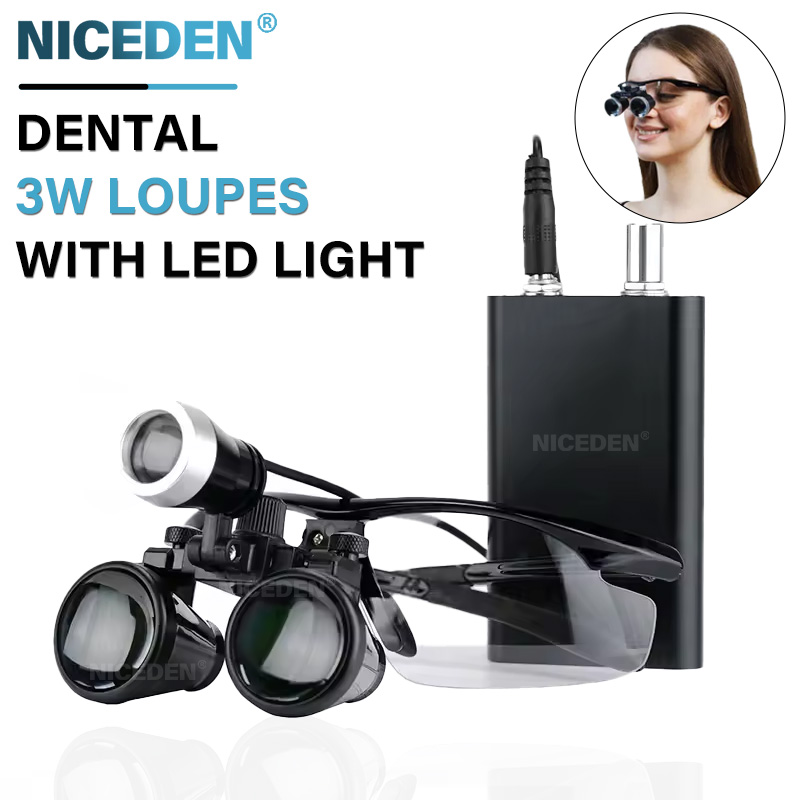 Niceden Kính lúp y tế nha khoa kính kính lúp Tai nghe Kính nhòm quang học hai mắt phẫu thuật 3,5x420mm có thể điều chỉnh đèn pha LED 3W