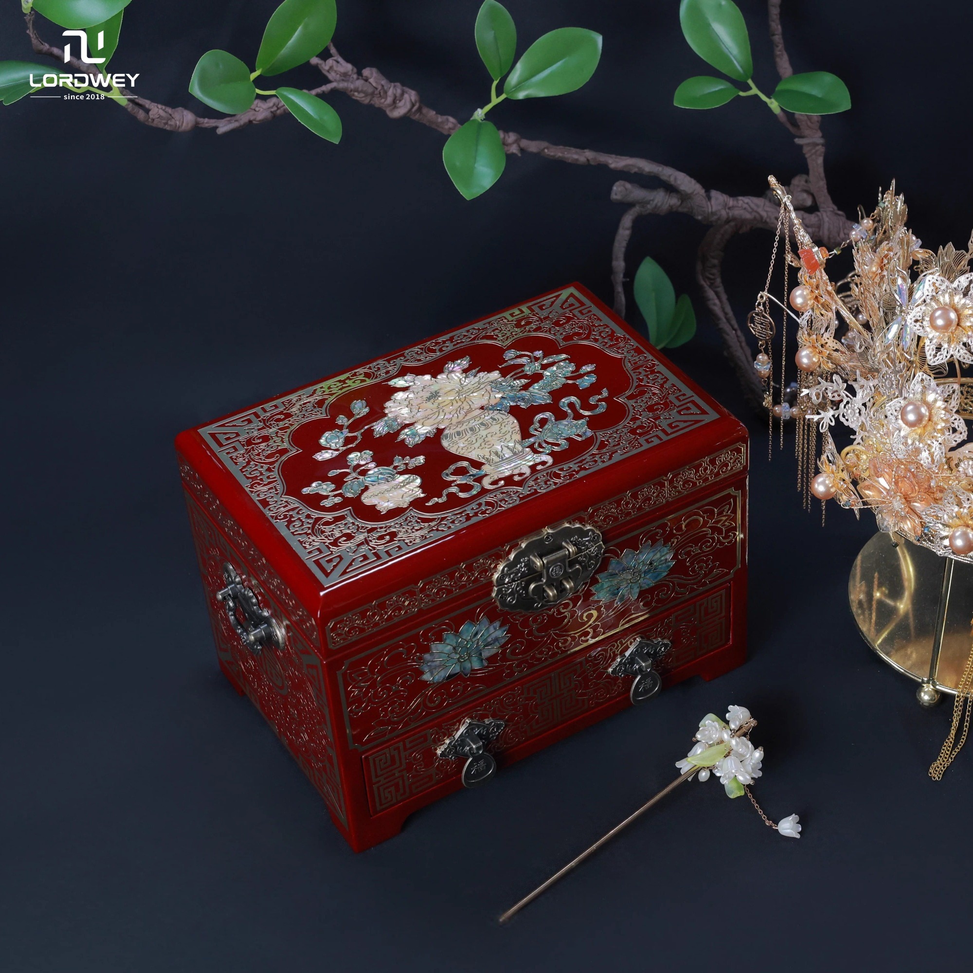 LORDWEY Multi-layer Pingyao Push Lacquer Jewelry Box Wood Retro Wedding Gift Solid Wood Bridal Makeup Box ราคา 5,634 บาท*ส่งฟรี