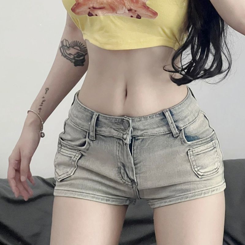 SPICYG Quần Shotrt Nữ Quần Thun Nữ Ngắn Quần Jean Rồng Nữ Ngố Quần Xà Nữ Đi Chơi Hot Girl Mỹ Quần Short Denim Eo Thấp Mùa Hè Nữ Mới Phong Cách Bó Sát Hông Quần Ống Đứng